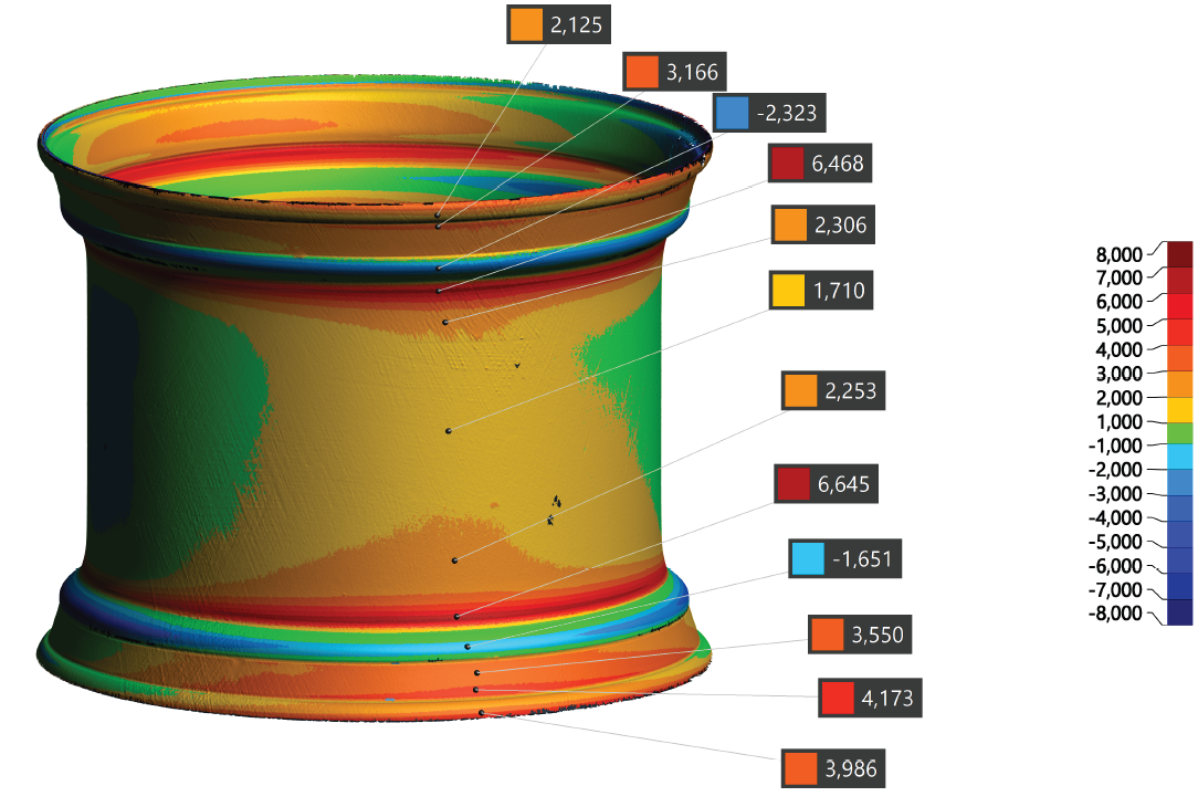 Inspeção dimensional de uma peça cilíndrica com mapa de cores e pontos medidos